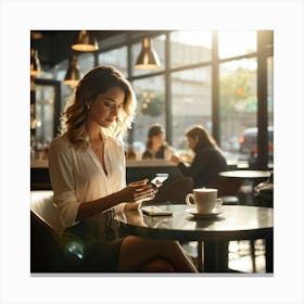 Modern Woman Engages With A Sleek Smartphone At A Bustling Coffee Shop Surrounded By The Hazy Glow (1) 2 Canvas Print