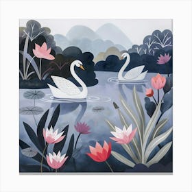 Swans In The Water, Naïve Folk Canvas Print