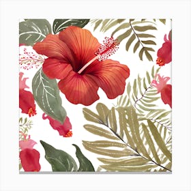 Botanical Wall Art Flowers Red Hibiscus Leaves #3 Canvas Print