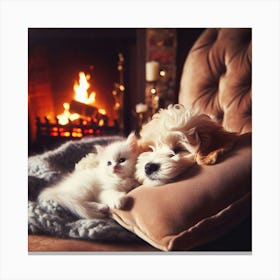 Dog And Kitten In Front Of A Fireplace Canvas Print