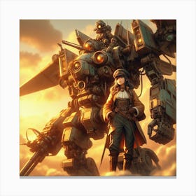 Girl Standing Next To A Giant Robot Canvas Print