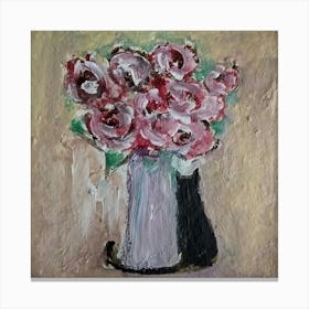 Roses in a Vase with a Black Cat Canvas Print