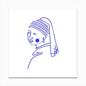 Girl Wearing A Pearl Earring Blue Square Canvas Line Art Print