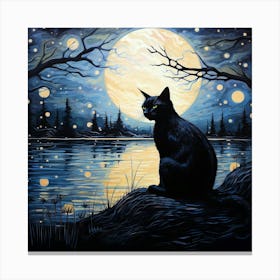 Black Cat On Riverbank At Night By Moonlight Canvas Print