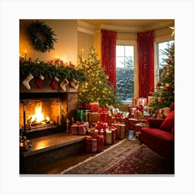 A Convivial Christmas Scene A Roaring Hearth Fireplace Illuminating The Room A Lush Evergreen Chri (1) Canvas Print