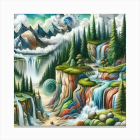 Pine Tree Valley Waterfall (Mystic Surrealism) Style D Canvas Print