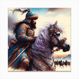 Mongolian Warrior On A Horse Vivid Color Drawing Canvas Print