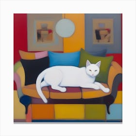 White Cat On Couch Canvas Print