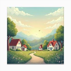 Charming Village Scene Under A Serene, Pastel Sky 1 Canvas Print