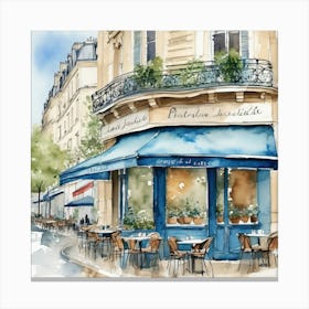 Paris Street Cafe Scene Illustration Sage Blue Watercolour 3 Art Print 1 Canvas Print