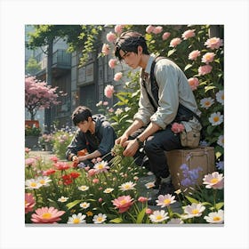 MEN PICKING FLOWERS Canvas Print