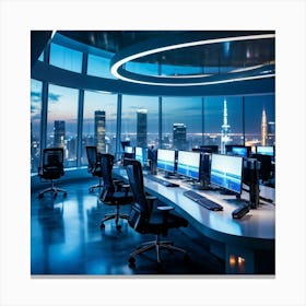 Corporate Office Interior With Sleek High Tech Workstations Utilizing Cyber Intelligence Technology (1) Canvas Print