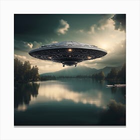 Alien Spaceship Flying Over The Lake Canvas Print