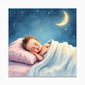 Watercolor Baby Sleeping In A Cozy Bed Under A Dreamy Pastel Night Sky Canvas Print