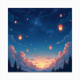 Celestial Night Sky With Floating Lanterns, Watercolor 1 Canvas Print