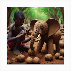 Boy Plays With An Elephant Canvas Print