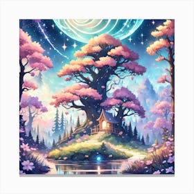 A Fantasy Forest With Twinkling Stars In Pastel Tone Square Composition 49 Canvas Print