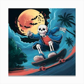 A Cartoon Skeleton Skateboarding At Night Canvas Print