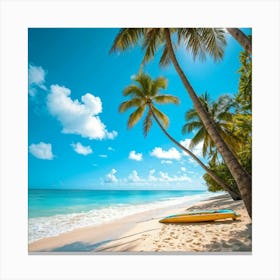 A Sunny Beach In A Tropical Paradise Palm Trees Bending Slightly Above The Turquoise Waters Edge (3) Canvas Print