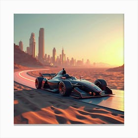 Futuristic Formula Car On A Brightly Lit Desert Track With A Sci Fi City In Distance 1 Canvas Print