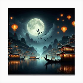 Enchanting Night Scene: Traditional Chinese Boats on a Moonlit Lake with a Glowing Village and Floating Lanterns. Canvas Print