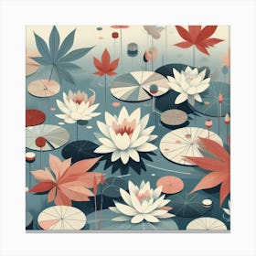 Scandinavian style, Surface of water with water lilies and maple leaves 2 Canvas Print