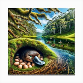 A Platypus In A Lake And On One Side Its Lair With All The Eggs Canvas Print