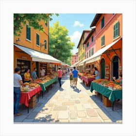 Vibrant Watercolor Of An Italian Street Market, With Artisan Crafts And Delicious Foods 1 Canvas Print