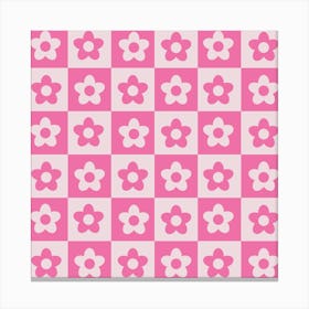 Checkered Hot Pink and White Retro Flowers Canvas Print