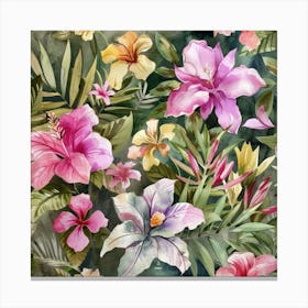 Watercolor Tropical Flowers Seamless Pattern Canvas Print