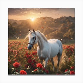 White Horse In A Field Of Roses Canvas Print
