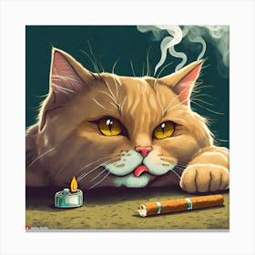 Firefly Cat Laying Down And Smoking, Cinematic, Cat Is Sad, Cigar On Cat S Lips, Fancy Lighter On Th Canvas Print
