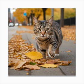 Cat Walking In Autumn Leaves 1 Canvas Print