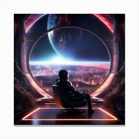 The Image Depicts A Futuristic Space Scene With A Man Sitting On A Couch In Front Of A Large Window That Offers A Breathtaking View Of The Galaxy 3 Canvas Print