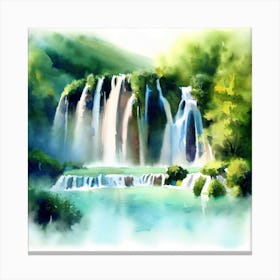 Waterfall Watercolor Painting, Plitvice Lakes National Park 2 Canvas Print