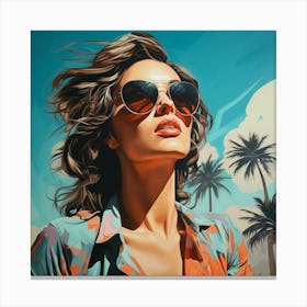 Portrait Frau mit Sonnenbrille, Vintage Kalifornien Illustration Canvas Print