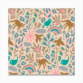 LAND OF PLENTY Cute Outdoors Wildlife Nature Birds Animals Snake Flowers Rainbow in Pastel Colors Canvas Print