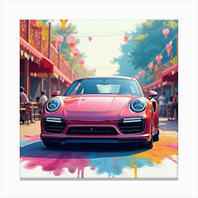 Porsche 911 Turbo S Amidst A Colorful Watercolor Carnival Scene 1 Canvas Print