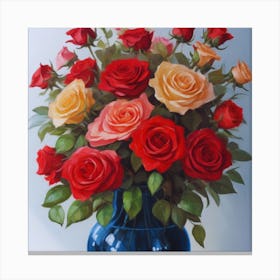 Roses In A Blue Vase Canvas Print