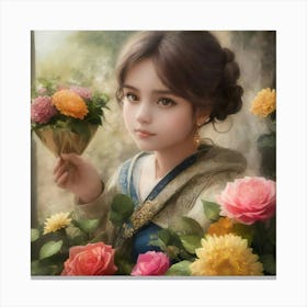 Chinese Girl With Flowers Canvas Print