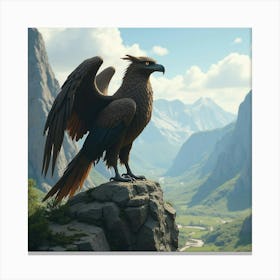 A Majestic Griffin Perched On A Rocky Outcrop Overlooking A Valley 1 Canvas Print