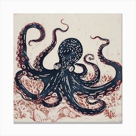 Navy Blue Linocut Inspired Octopus  1 Canvas Print