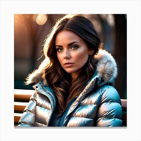 Beautiful woman in down jacket sitting on a bench Canvas Print