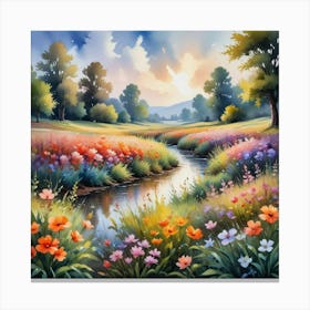 A Watercolor Painting Of Floral Landscape Art Print 2 Canvas Print