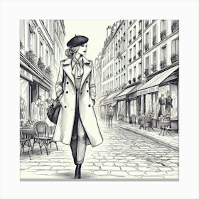 Woman In A Trench Coat Walking Down The Street Canvas Print