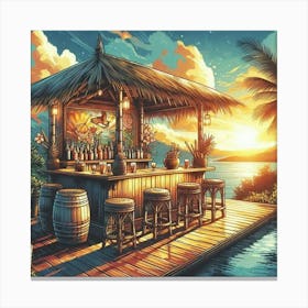 Sunset view on a wooden cafe on the seashore 1 Canvas Print