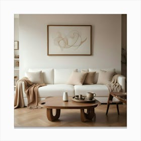 Minimalist Living Room With White Sofa, Wooden Furniture, And Artwork Canvas Print