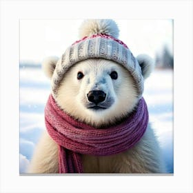 Firefly Playful, Endearing, Polar, Bear, Cub, Fluffy, White, Fur, Snowy, Backdrop, Knit, Cap, Scarf, (3) Canvas Print