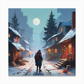 Man Walking Down A Snowy Street Canvas Print