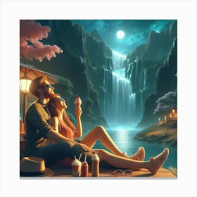 Romantic Couple At The Waterfall Canvas Print
